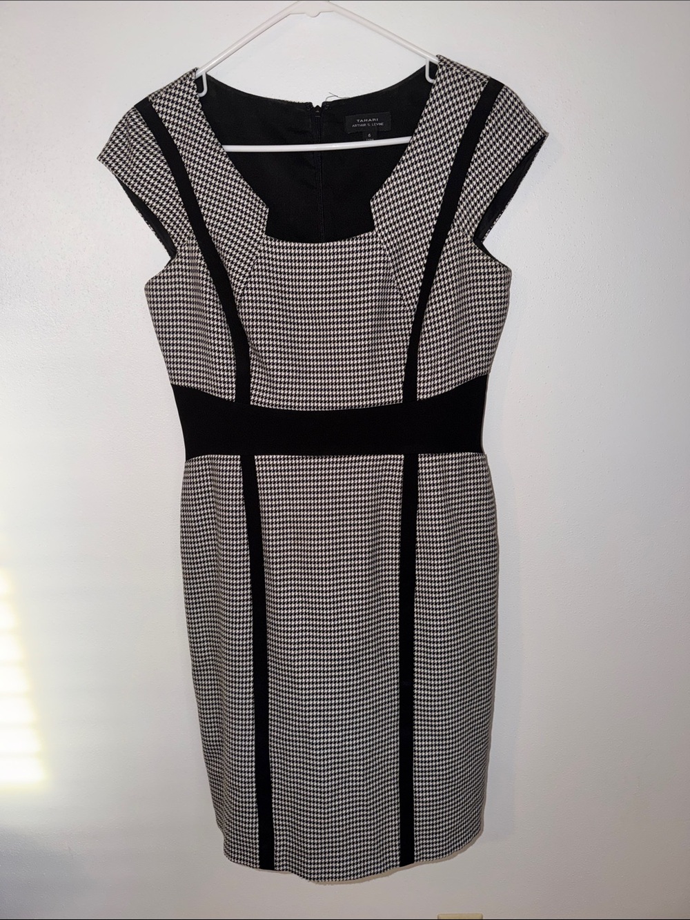Black & White Houndstooth Midi Dress with Contrast Panels